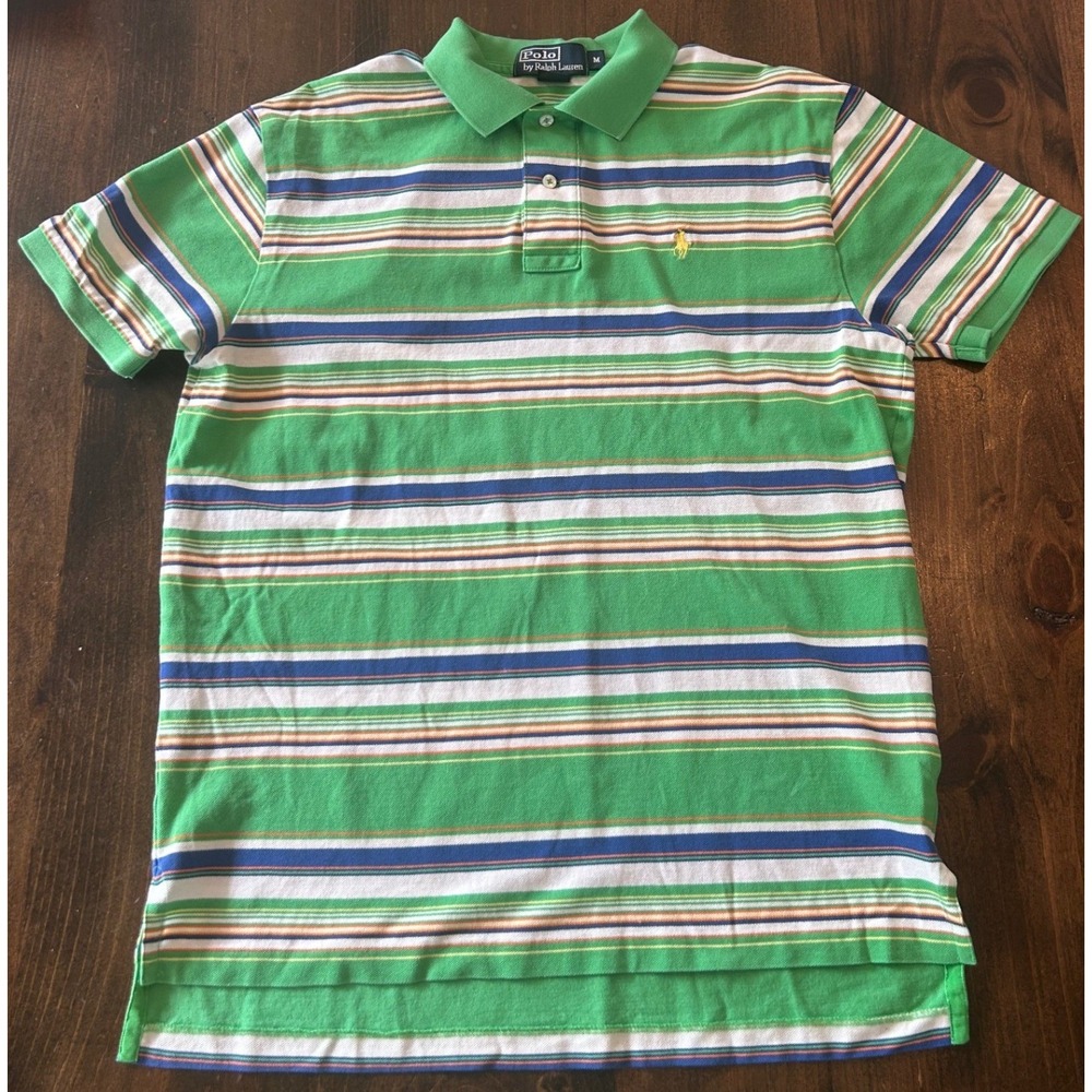 Polo Ralph Lauren Shirt Medium Green Striped Pima Cotton Short Sleeve Preppy - Picture 2 of 5